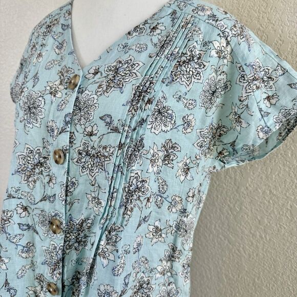 J. Jill Love Linen Size X-Small Blue White Floral V-Neck Short Sleeve Dress - Picture 3 of 12